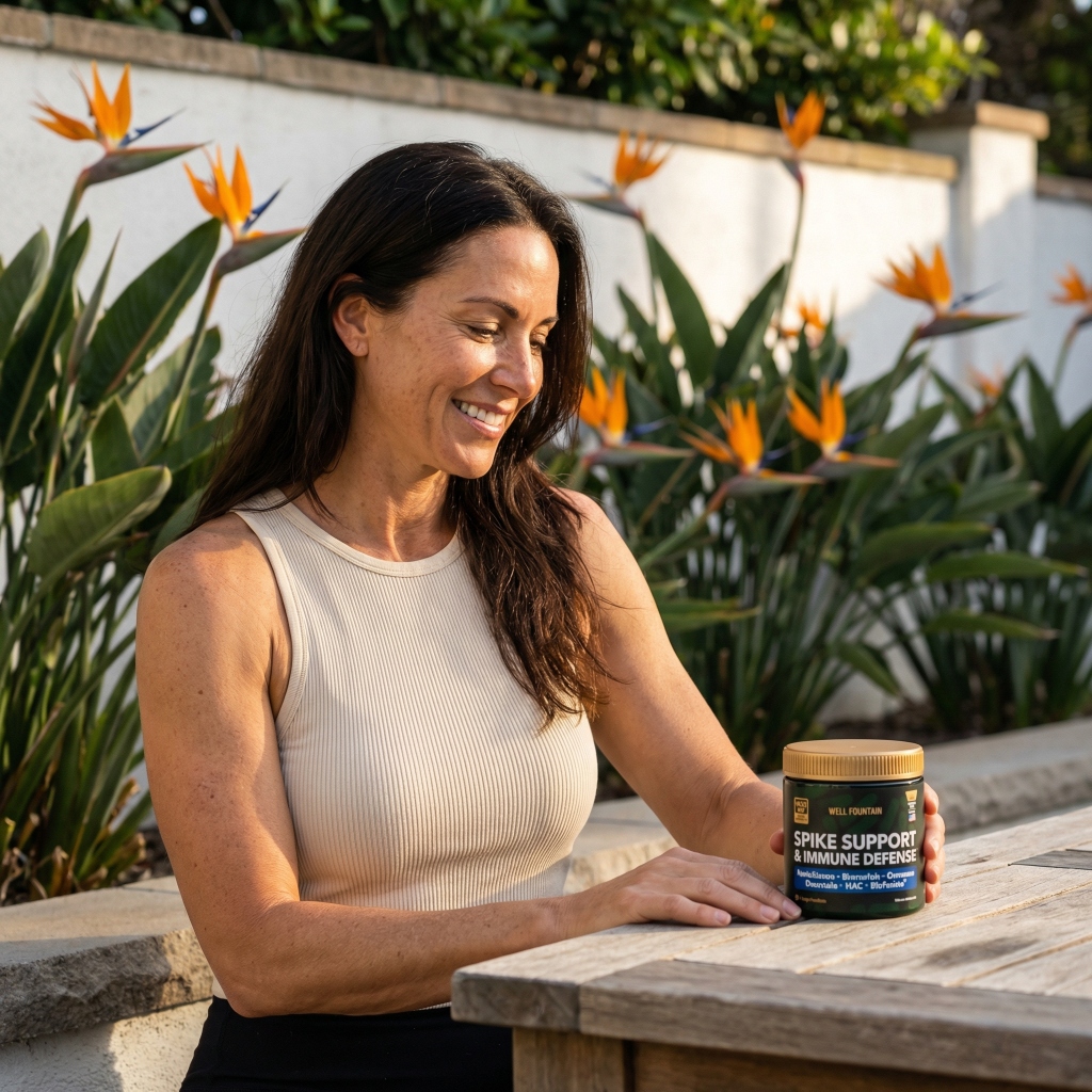 Woman sitting outside next to Well Fountain Spike Support supplement bottle