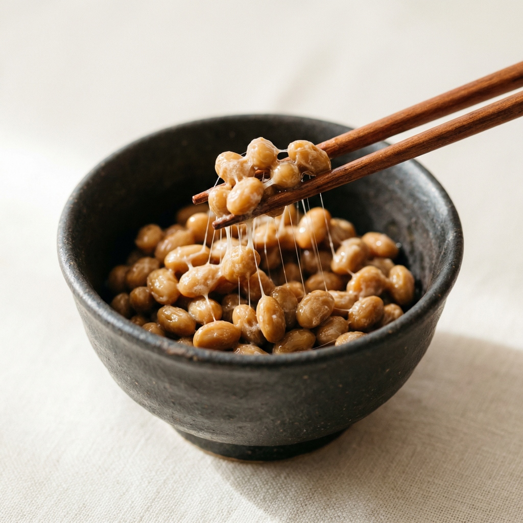 Bowl of natto beans showing stringy nattokinase properties
