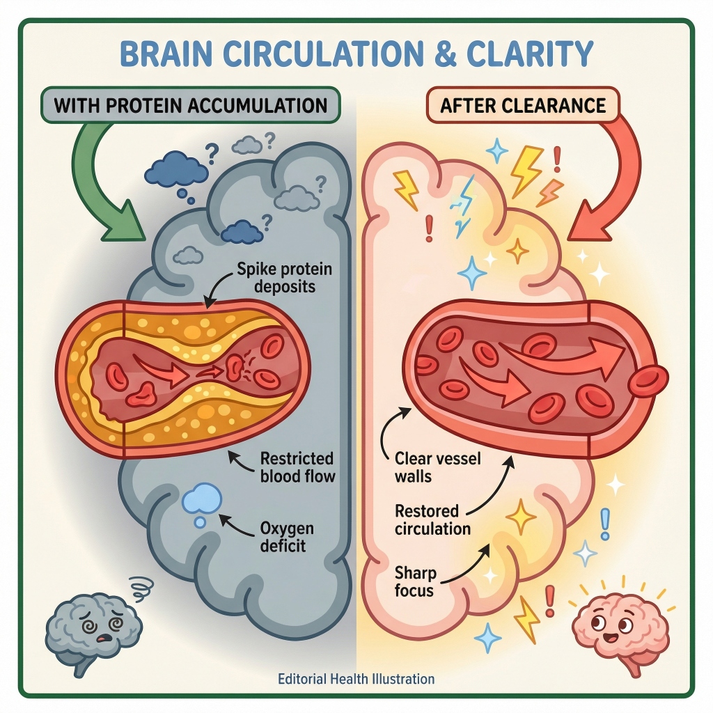 Brain circulation and clarity diagram showing before and after protein clearance