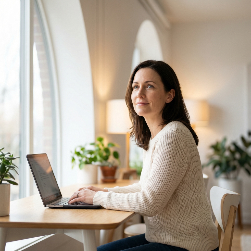 Woman working by a bright window, looking rested and recovered